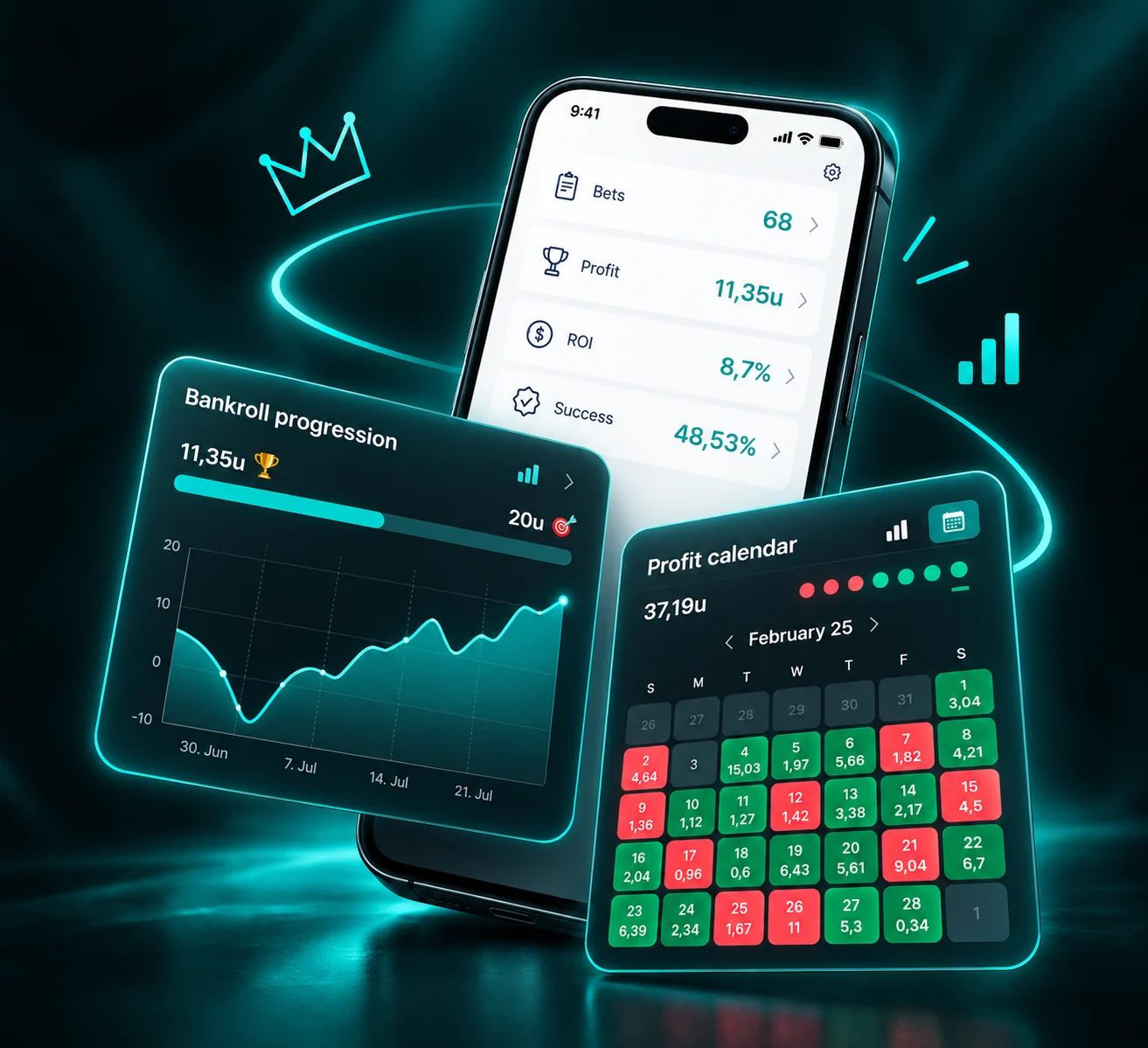 Bet Journal profit calendar, bankroll progression chart and key betting stats